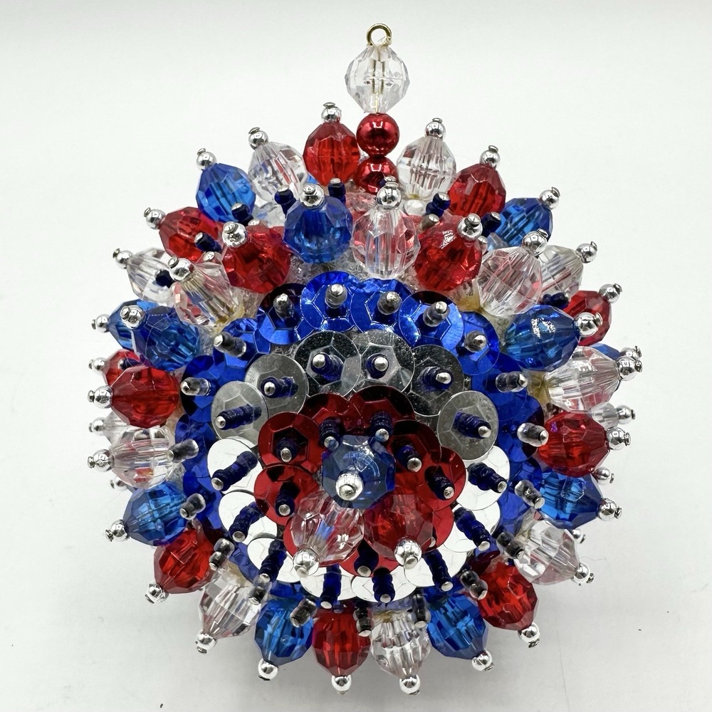 Vintage Beaded Handmade Christmas Ornament White Blue Red 3D Star Patriotic